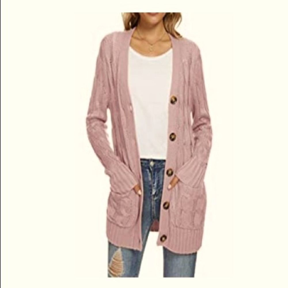 Dusty pink cable knit cardigan sweater